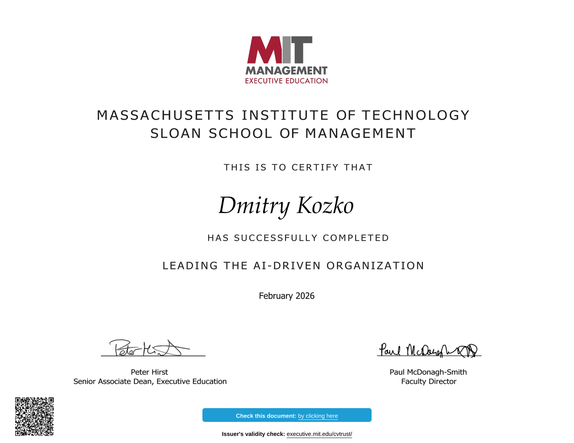 MIT Sloan Executive Education Certificate — Leadership in the AI-Driven Organization